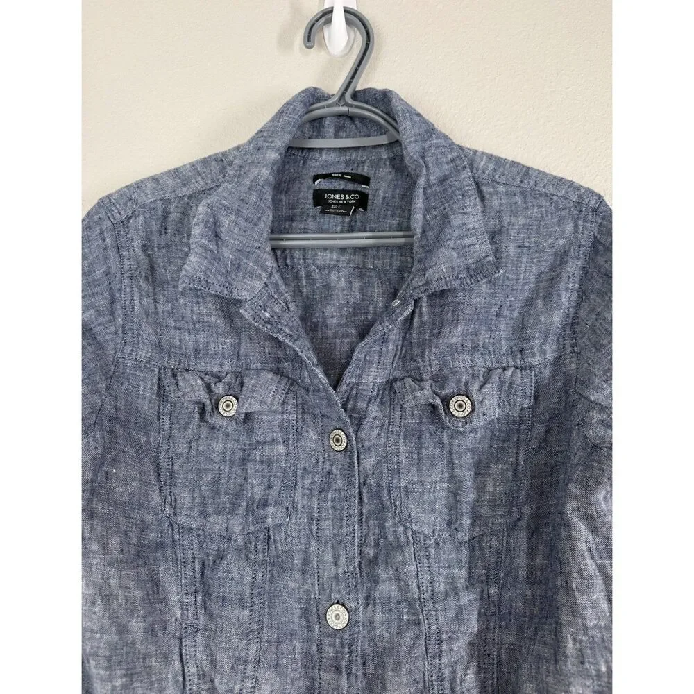 Jones & Co Womens Blue 100% Linen Jacket Sz L Beachy Breathable Lightweight - Picture 2 of 8